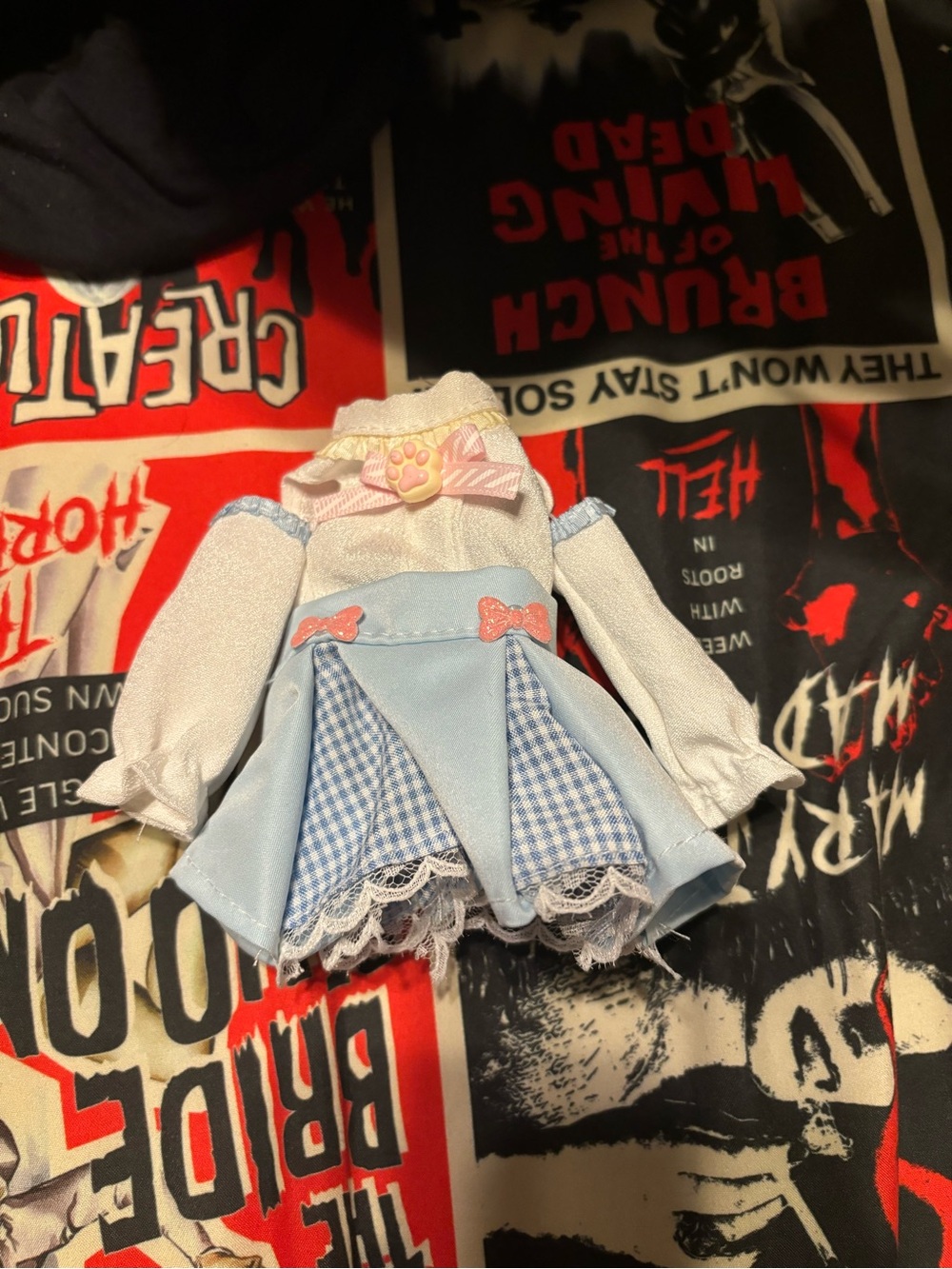 Blue Gingham Blythe Doll Dress with White Sleeves and Pink Bow Accent